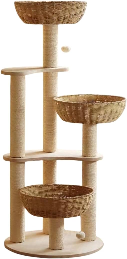 Modern Wood Rattan Cat Tree for Large Cats, Luxury Multi-Level Oak Solid Wood Cat Trees Towers,w/3 Weaving Cat Nests & Washable Cushions, Sisal Scratching Posts, for Indoor Large Cats-No paint/wax oil
