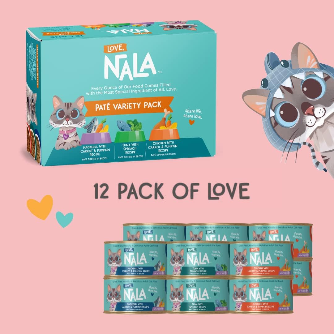 LOVE, NALA - Natural Adult Cat Wet Food - Pate Variety Pack - Tuna, Chicken, Tuna and Salmon - Grain Free, Non-GMO, Fiber Blend, Minerals, Vitamins - 12 Pack 2.1 lbs.