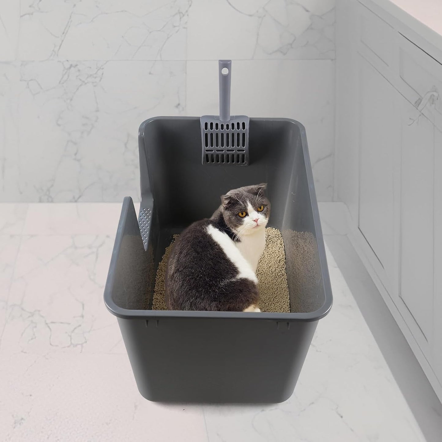 4 Packs Large Cat Litter Box with High Sides, Grey Open Top Cat Litter Basin