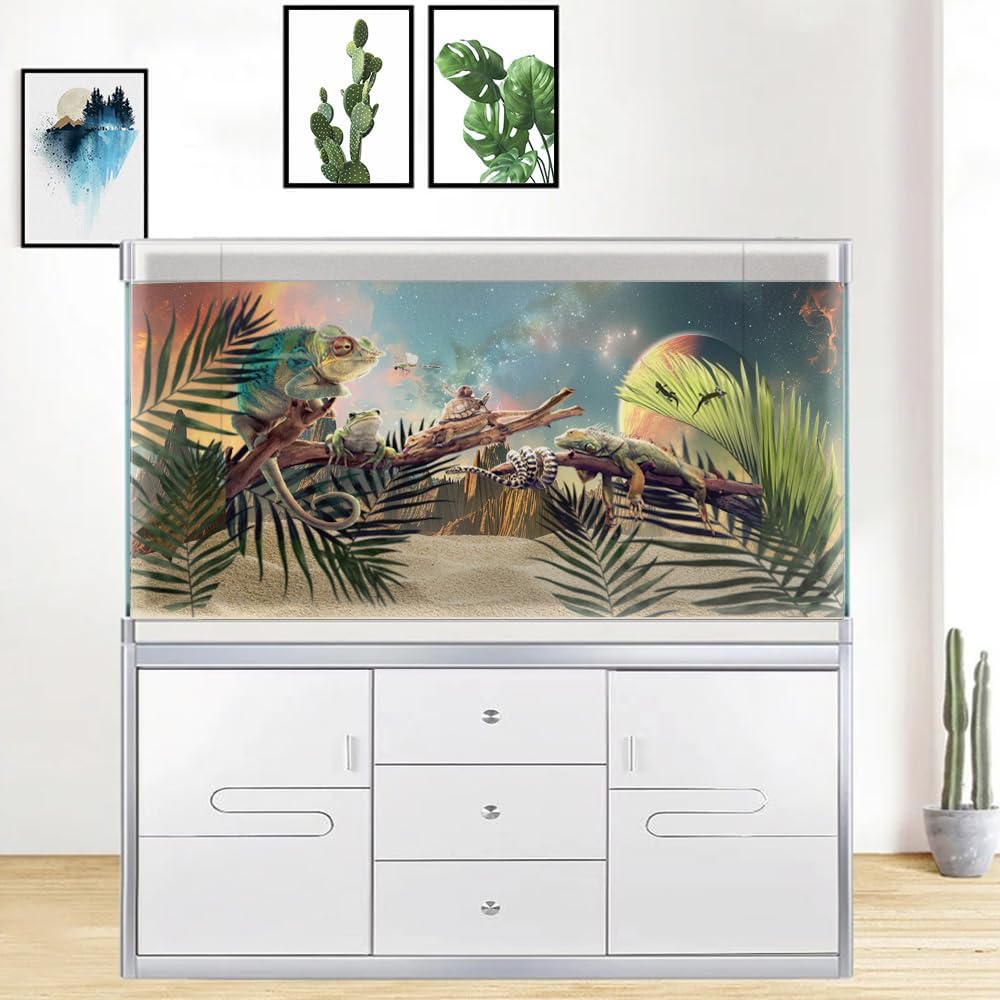 Cosmic Aquarium Background,Cool Galaxy Parallel Space Themed Fish Tank Background, Tropical Desert Terrarium Background 24X16IN with 8 EVA Double-Sided Tape