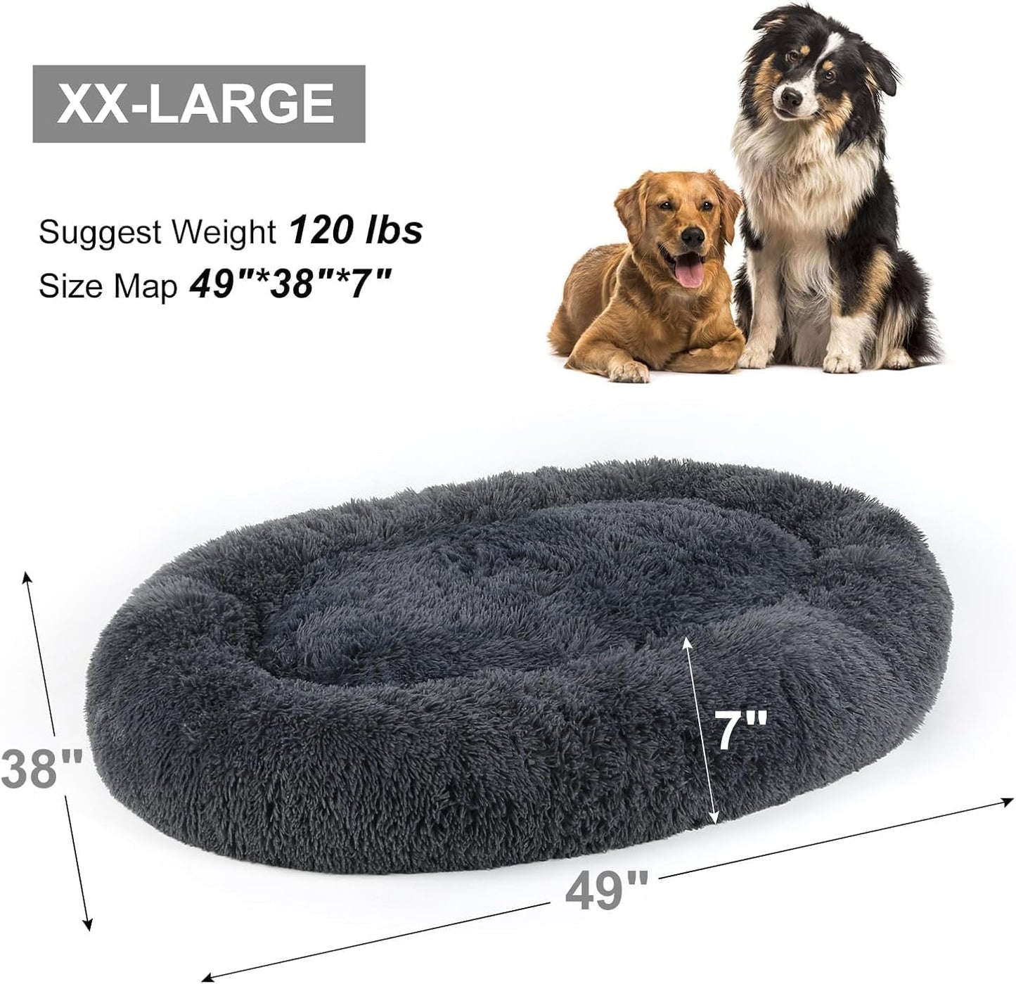 Dog Bed, Cat Calming Bed, Faux Fur Pillow Pet Donut Cuddler Round Plush Bed for Large Medium Small Dogs and Cats (Dark Grey, 49.0" L x 38.0" W x 7.0" Th)