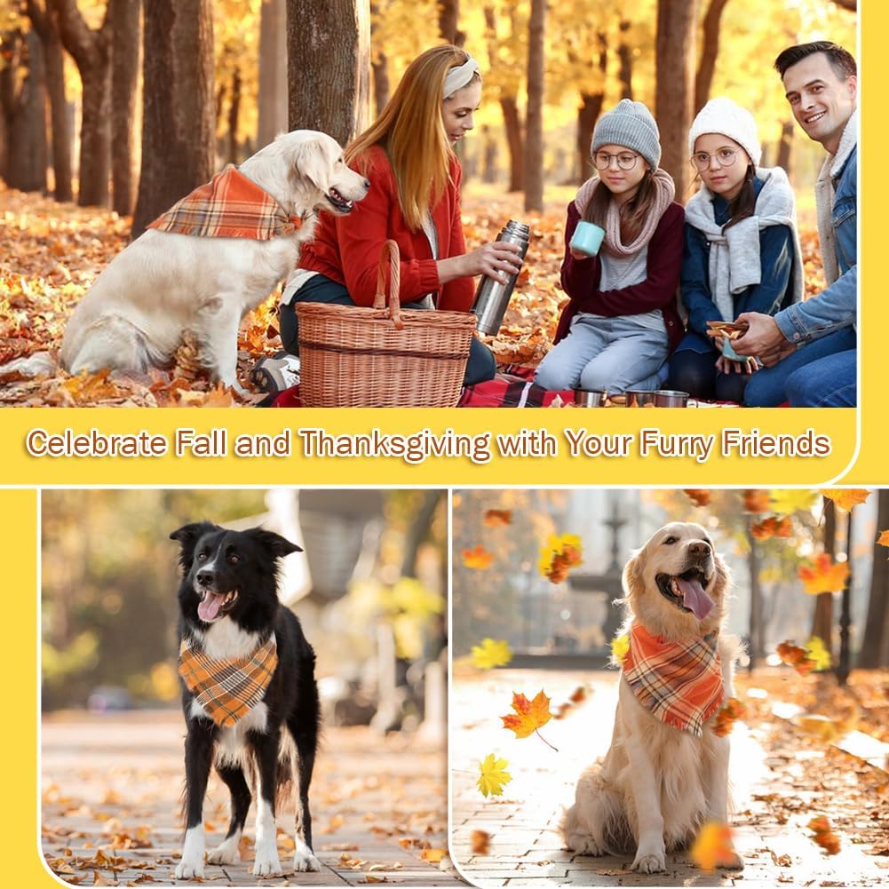 Vivifying Halloween Dog Bandanas, 2 Pack Thanksgiving Fall Classic Plaid Dog Scarf with Tassels Edges, Funny Pet Apparel & Accessories Costume for Photo Prop, and Party Decor (X-Large, Yellow&Orange)