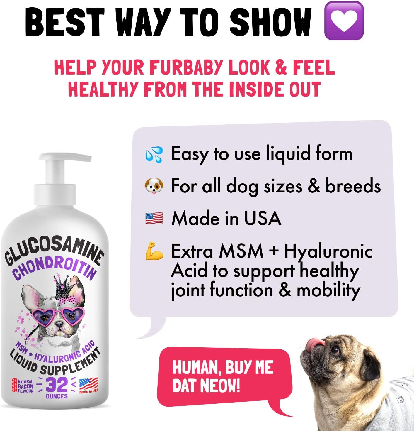 Liquid Glucosamine for Dogs Bacon Flavour Chondroitin, MSM & Hyaluronic Acid K9 Supplement Hip and Joint Formula Advanced Mobility Joint Pain Relief Senior Advanced Supplement for All Breeds 32 oz