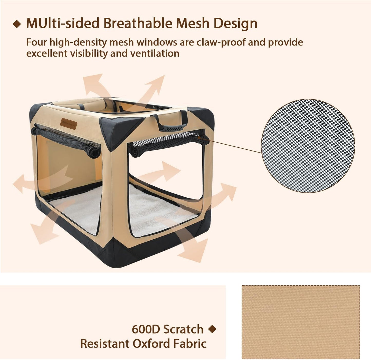 36 Inch Collapsible Soft Dog Crate for Large Dogs, 4-Door Foldable Travel Dog Kennel with Durable Mesh Windows for Indoor & Outdoor Portable Pet Crate, Soft Side Dog Crate, Beige