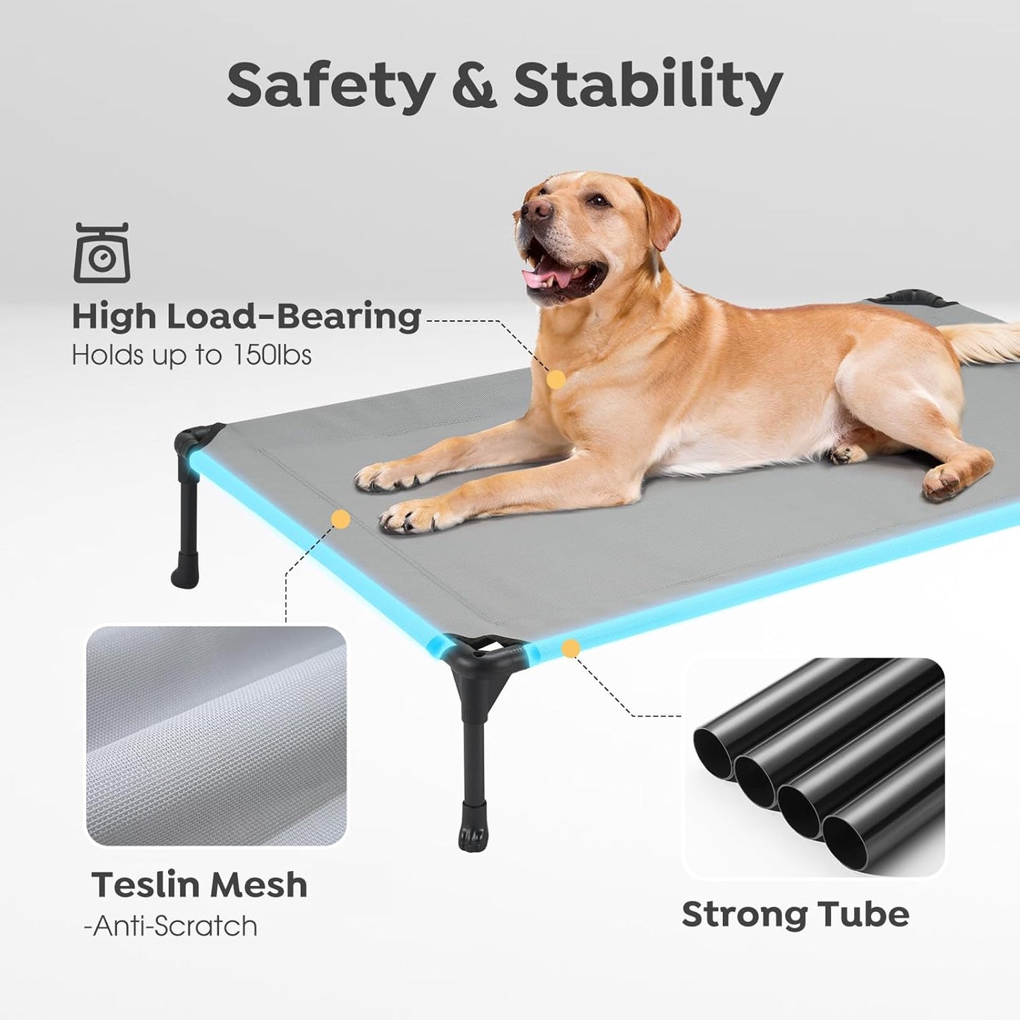 Veehoo Raised Dog Bed - Cooling Elevated Pet Cot with Mesh, No-Slip, Durable for Large Dogs, 42" x 30", Grey, CWC1803-L