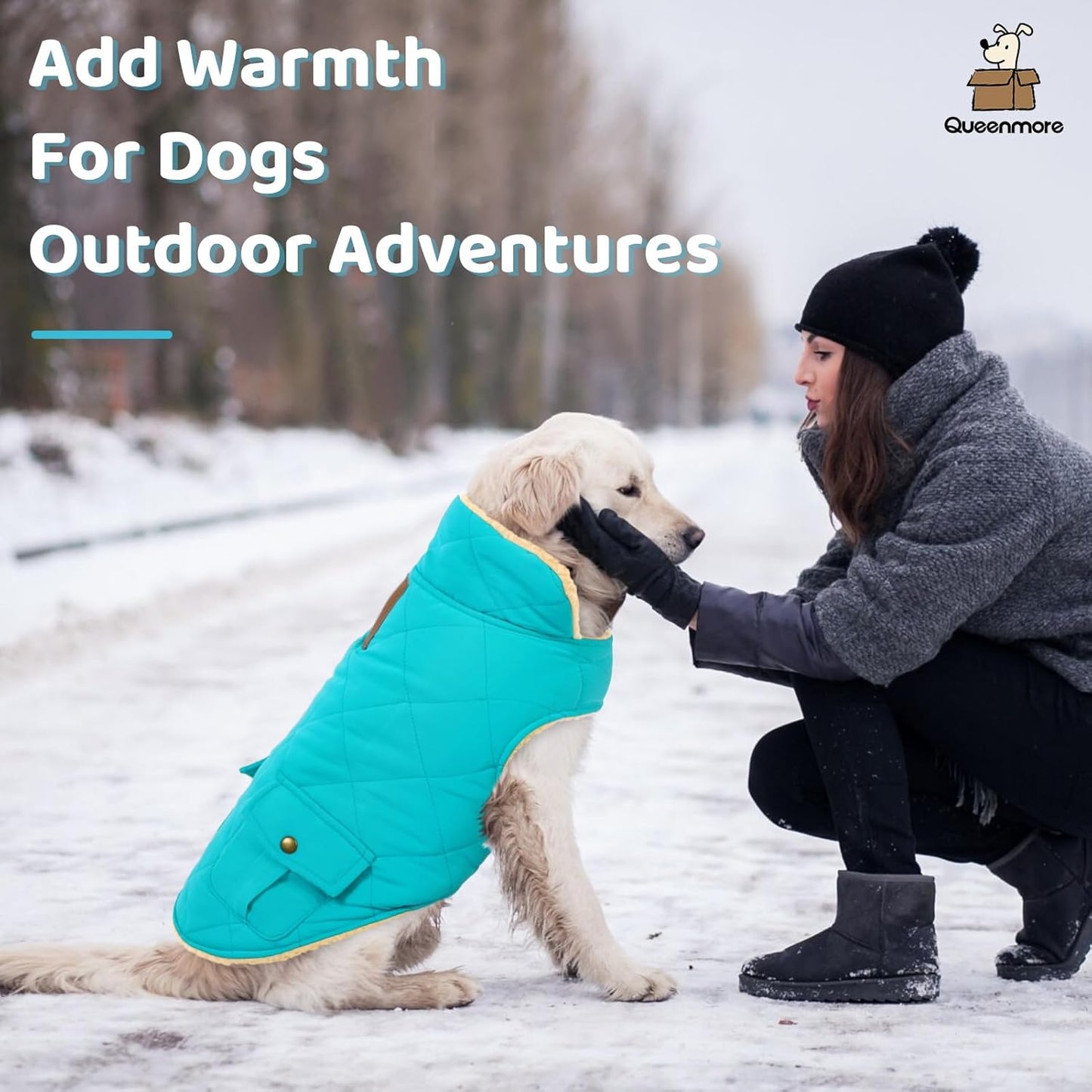 Queenmore Warm Dog Coat, Cold Weather Puffer Dog Coat Vest, Quilting Winter Pet Jacket Ultra Thick Plush Fleece Lining Pet Clothes for Dogs with Storage Pockets (Light Blue, Medium)