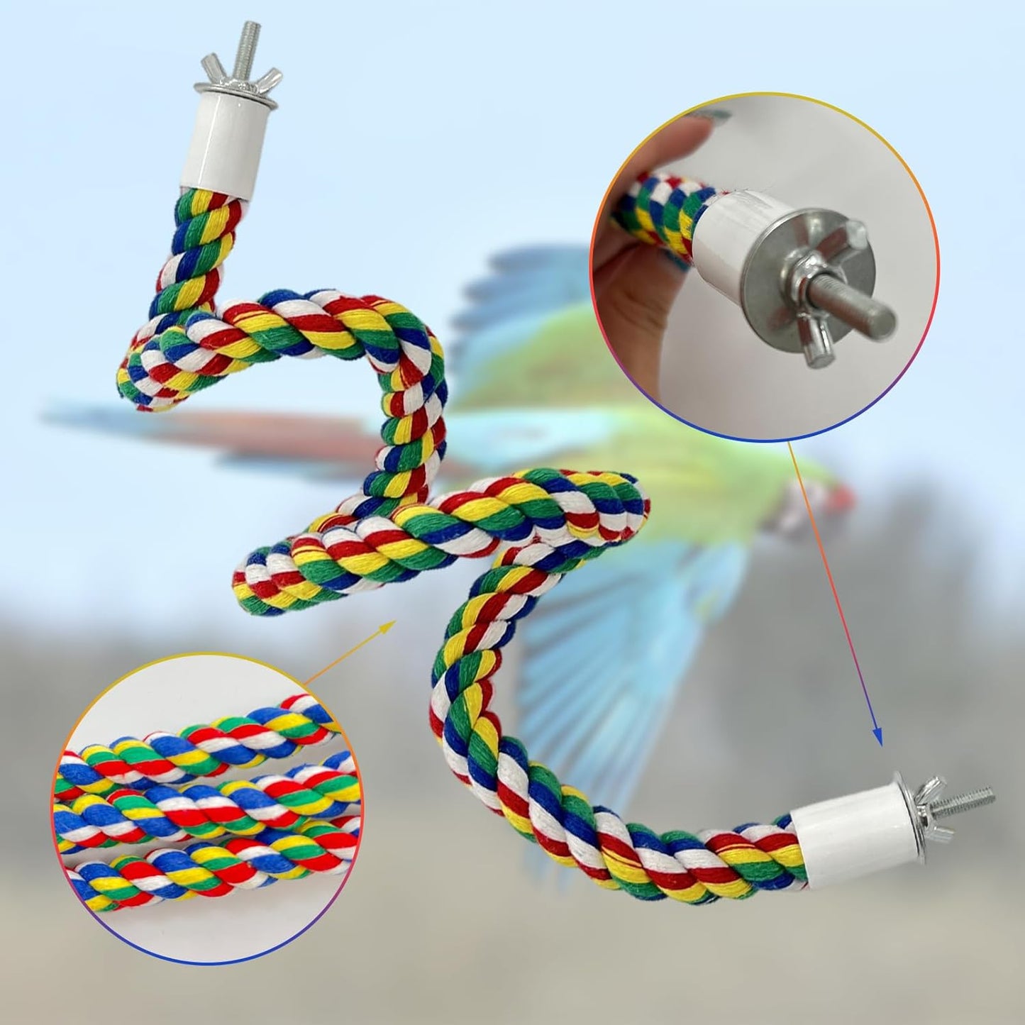 3 Pcs Bird Perch Cage Accessories Perches for Rope Cages Colorful Parrot Ropebird Flexible Parrot Toys (Large + Small) Double-Head Screw Type * 1 + Hook Cotton Rope Type * 1