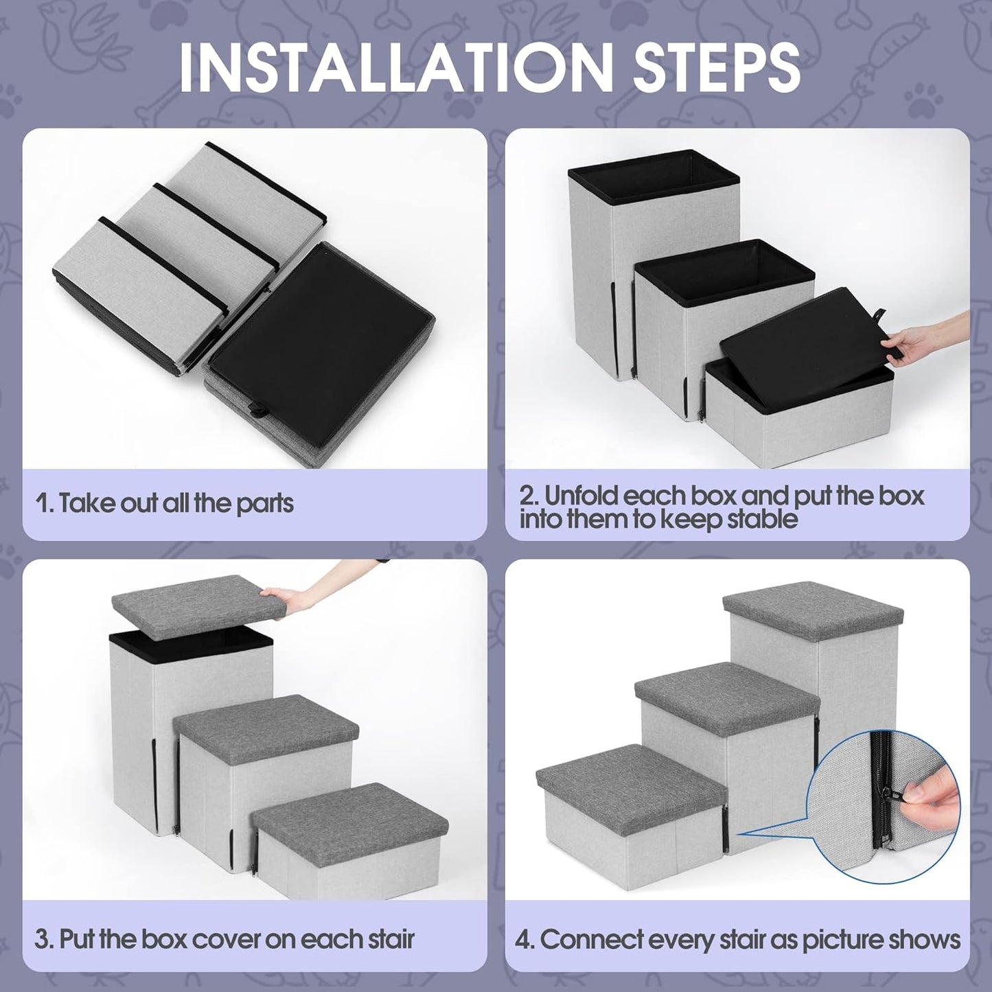 Heeyoo Dog Stairs with Storage, Foldable Dog Steps for Small Dogs, 3 Tiers Non-Slip Pet Stairs for High Beds Or Couch and Sofa, Hold up to 200 lbs Pet Cat