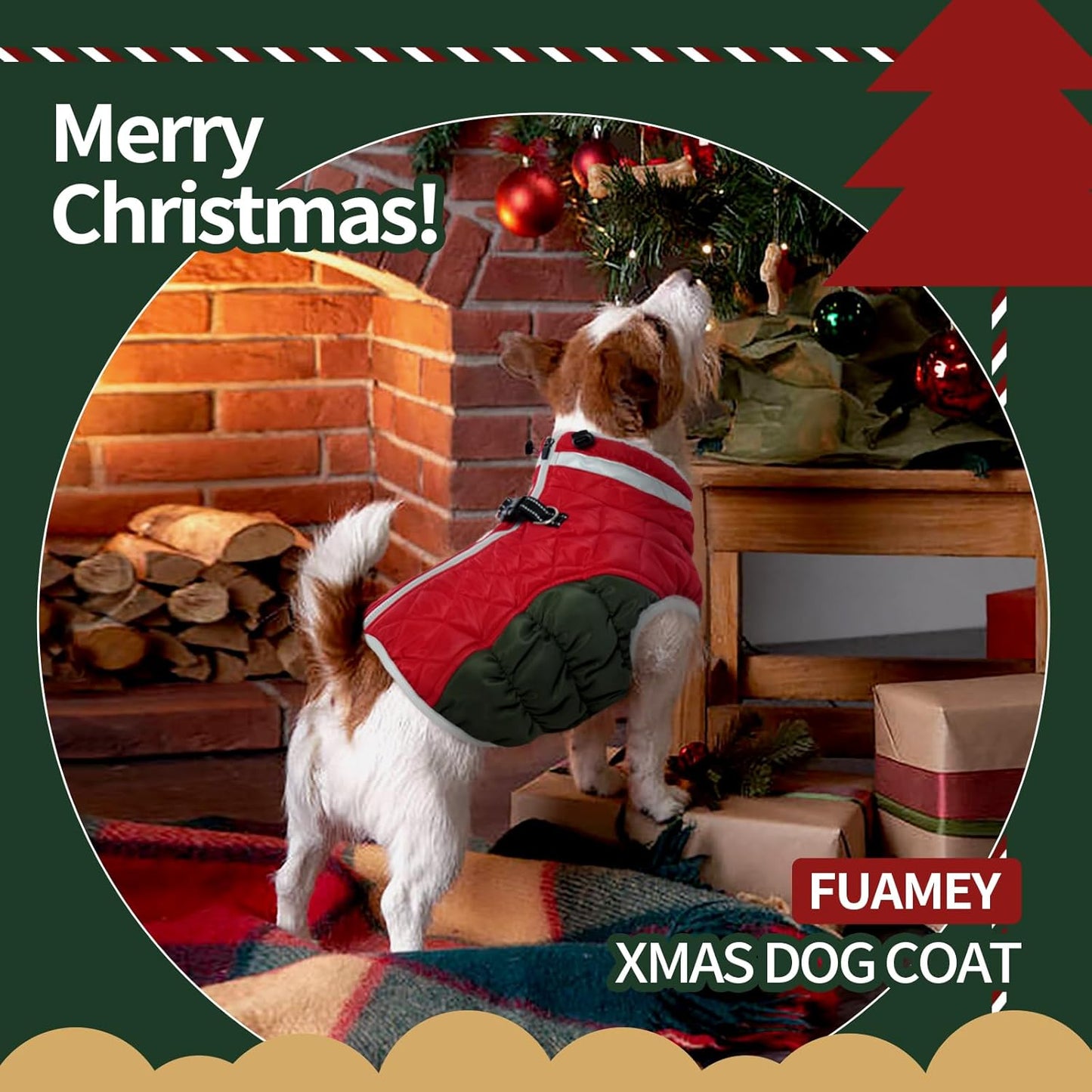 FUAMEY Dog Coat for Small Dogs,Waterproof Dog Winter Jacket with Harness Built in Puppy Cold Weather Coats Reflective Pet Vest with Zipper Warm Fleece Dogs Snowsuit Windproof Christmas S