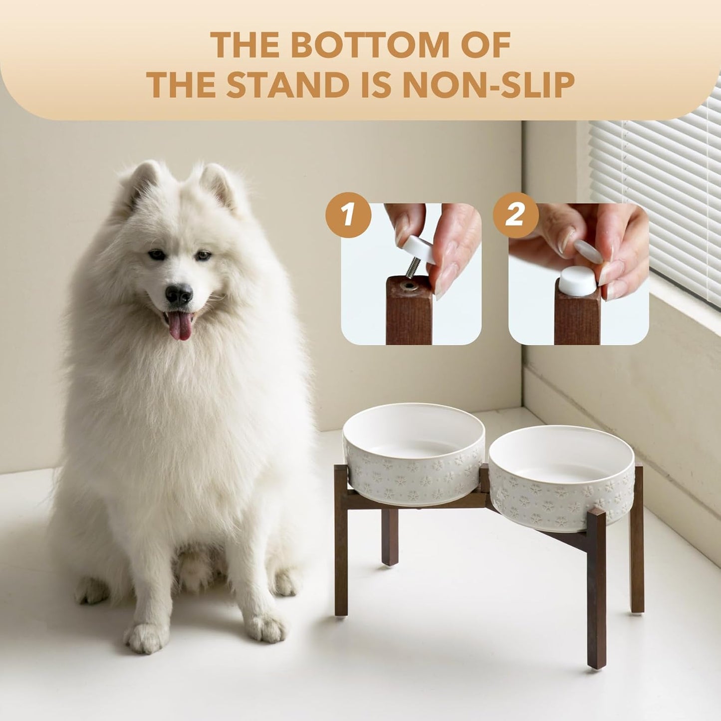 8.2inch Ceramic Raised Double Bowls Set with Acacia Wooden Stand, Food & Water Bowls for Large Breed Dogs, Weighted Dog Dishes, Pet Bowl(60OZ, Arctic White)