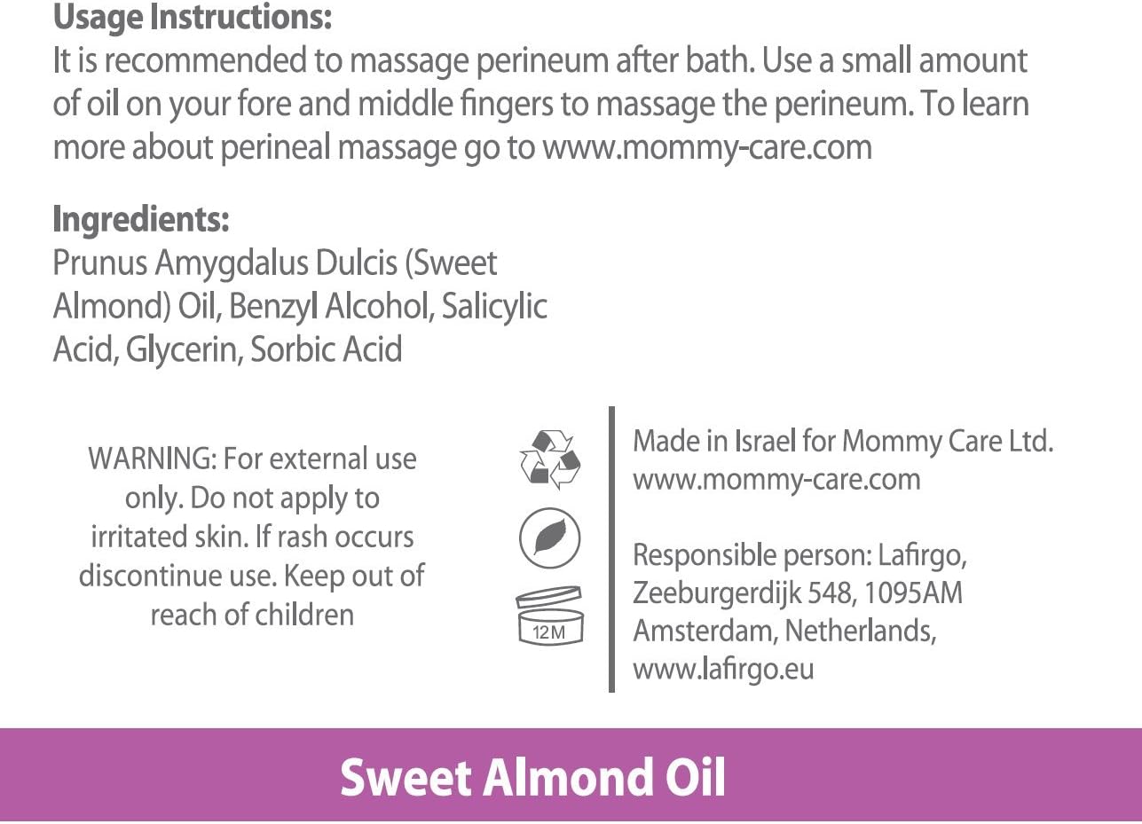 Mommy Care Perineal Massage Oil Labor Preparation, Flexible Perineal Massage Oil, Sweet Almond Oil for Pregnancy and Postpartum Recovery 100ml/3.38 fl.oz Organic All Natural