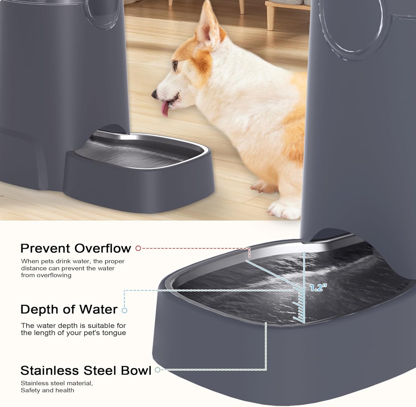 8L Automatic Pet Waterer,Gravity Stainless Steel Water Feeder,Gravity Pet Water Dispenser,Large Capacity Waterer with Stainless Steel Bowl for Medium and Large-Sized Cats and Dogs(8L,Grey)