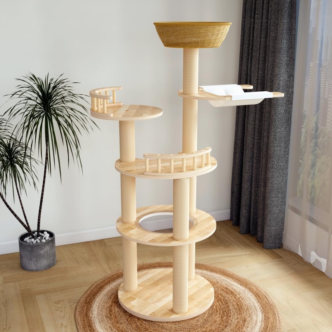 Modern Wood Cat Tree for Large Cats,Luxury Rattan Oak Cat Trees Towers,Rattan Cat Tree with Capsule &Hammock,3 Weaving Cat Nests & Washable, Sisal Scratching Posts, for Indoor Cats, (Large 02)