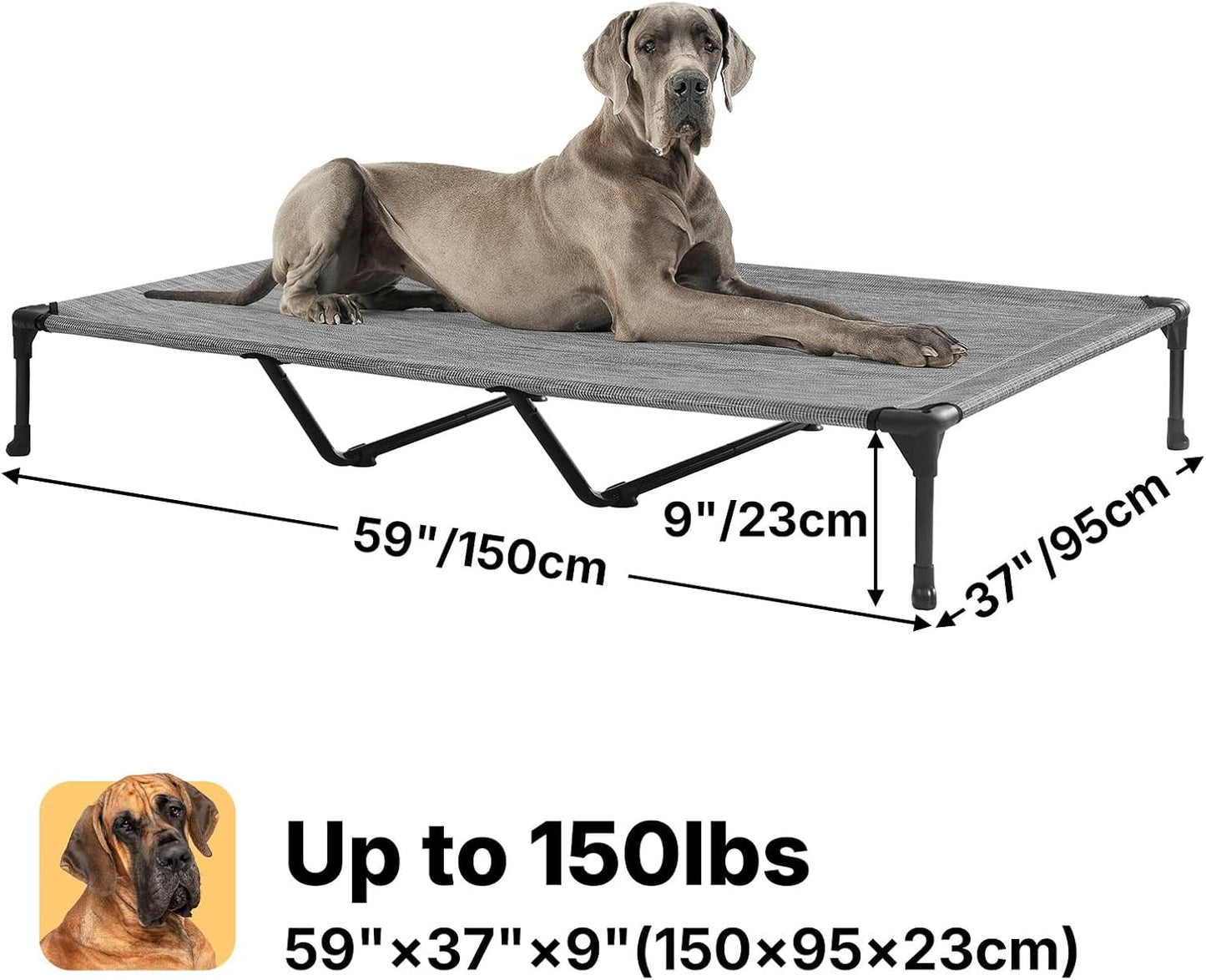 Veehoo Outdoor Elevated Dog Cot Bed-Cooling Raised Pet Bed for XX-Large Dog, Washable Breathable Mesh Hammock Bed with No-Slip Feet,Indestructible Ground Off Training Platform Cot-59x37.5 Black Silver