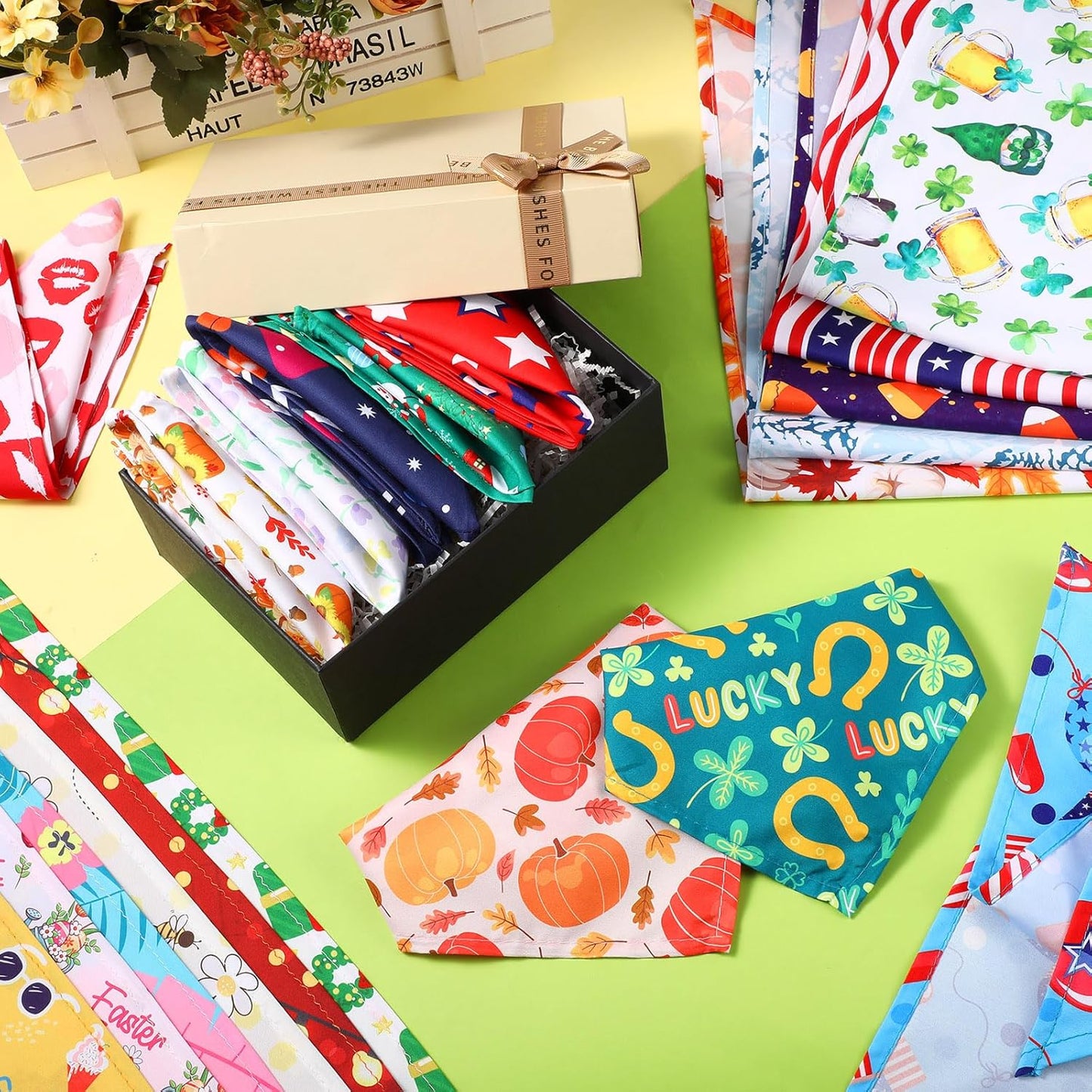 Reginary 72 Packs Holiday Dogs Bandanas Bulk Patriotic Halloween Thanksgiving Christmas New Year Birthday Summer Scarf Bibs Easter St. Patrick's Day Pets Bibs Adjustable Dog Bandana for Pet Costume