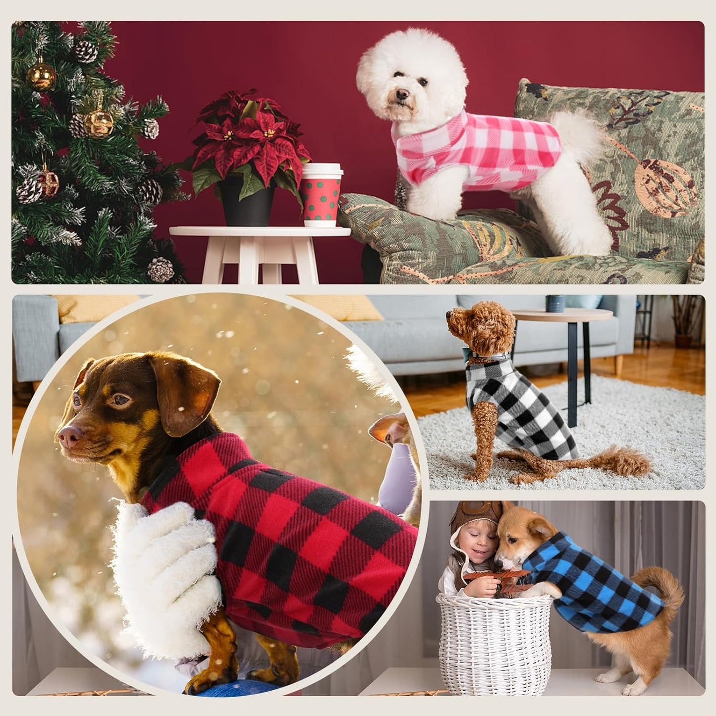 Kuoser Dog Fleece Vest,Warm Plaid Dog Sweater with Leash Hole,Soft Turtleneck Winter Pet Jacket Dogs Coat Pullover Clothes for Small Medium Dogs Cats,Spring Fall Cold Weather Christmas Outfit,Red S