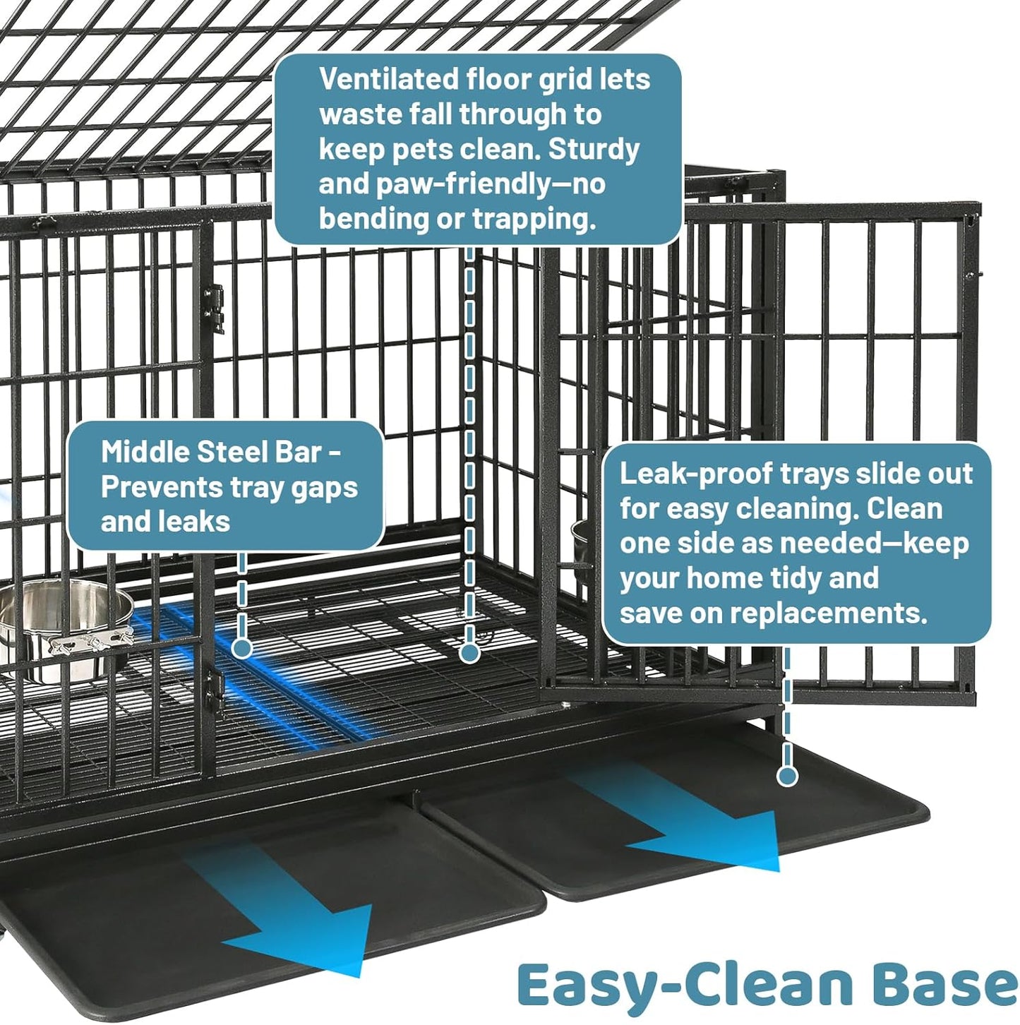 48 Inch Heavy Duty Dog Crate, Indestructible Escape Proof Big Cage for High Anxiety Large Dogs, Stackable & Collapsible XL Dog Kennel Indoor with Wheels,Dual Trays,Adjustable Bowl,Top Access
