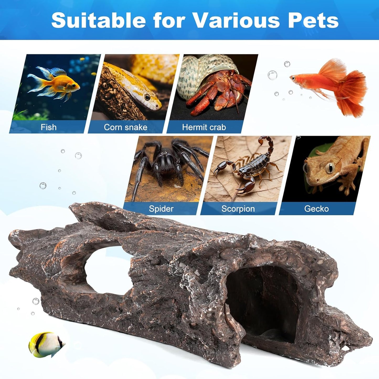 TRUVIC Fish Tank Decorations - Aquarium Cave Decor, Resin Hollow Tree Trunk Reptile Hide & Betta Log Hideout for 20 Gallon Tank, Fish Accessories Shelter Cave