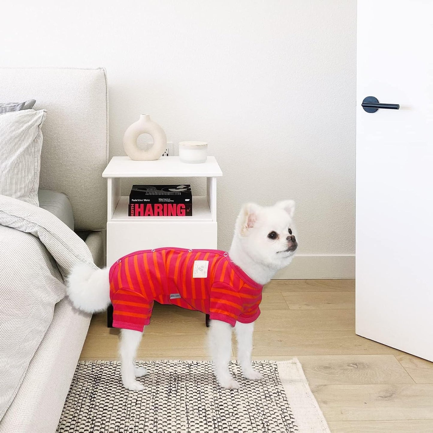 TONY HOBY Dog Pajamas, Female/Male Dog 4 Legged Pajamas, Soft Cotton Dogs Jumpsuit with Stripes (Rose Red&Orange, Girl, XS)