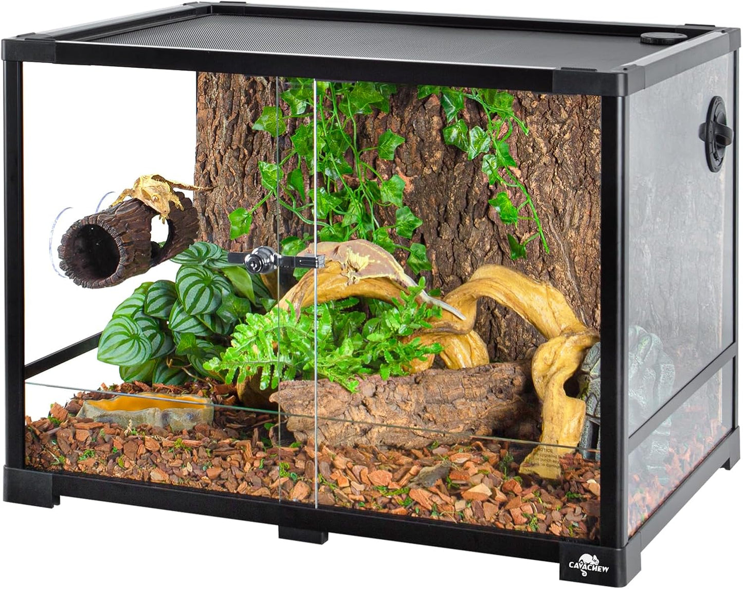 Reptile Hide, Resin Hollow Log Hideout with 2pcs Powerful Suction Cup, Reptile Tank Accessories Climbing Toys Terrarium Hideaway Caves Decor for Gecko, Lizard, Snakes, Hermit Crabs, Forgs