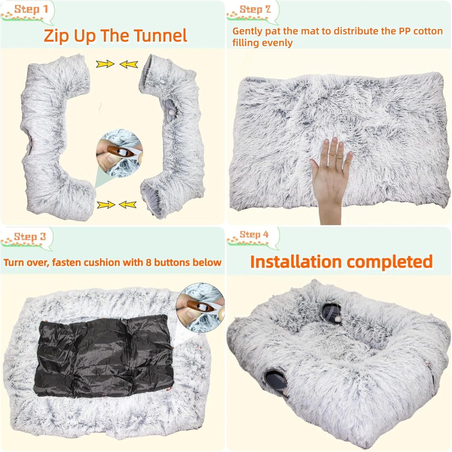XxingSheep 4 Cave Shuttled XL Cat Tunnel Bed for Indoor Cats Peekaboo Toy Donut with Warm Mat