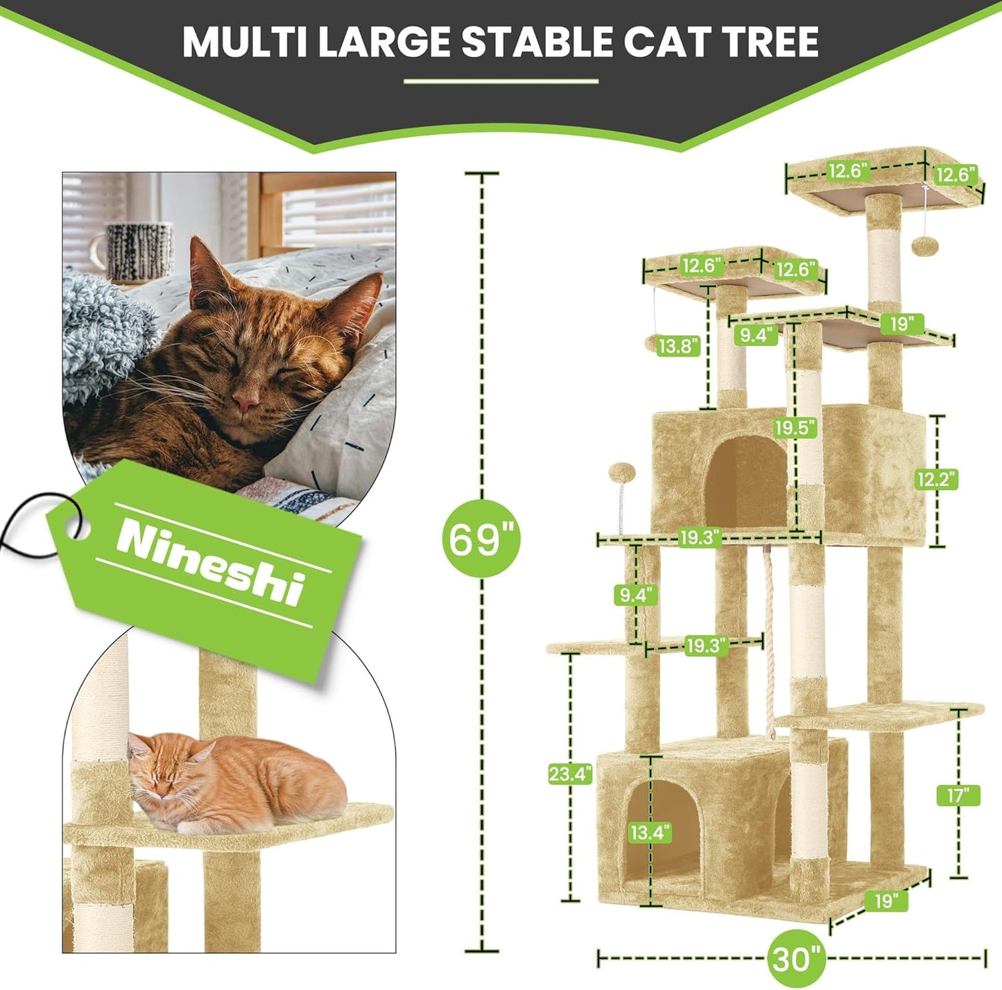 69in Large Cat Tree Tower for Indoor Cats with Soft Plush Hang Ball, Two Condos, Sisal Scratch Posts & Rope Play for Kittens/Adult Cats, Beige