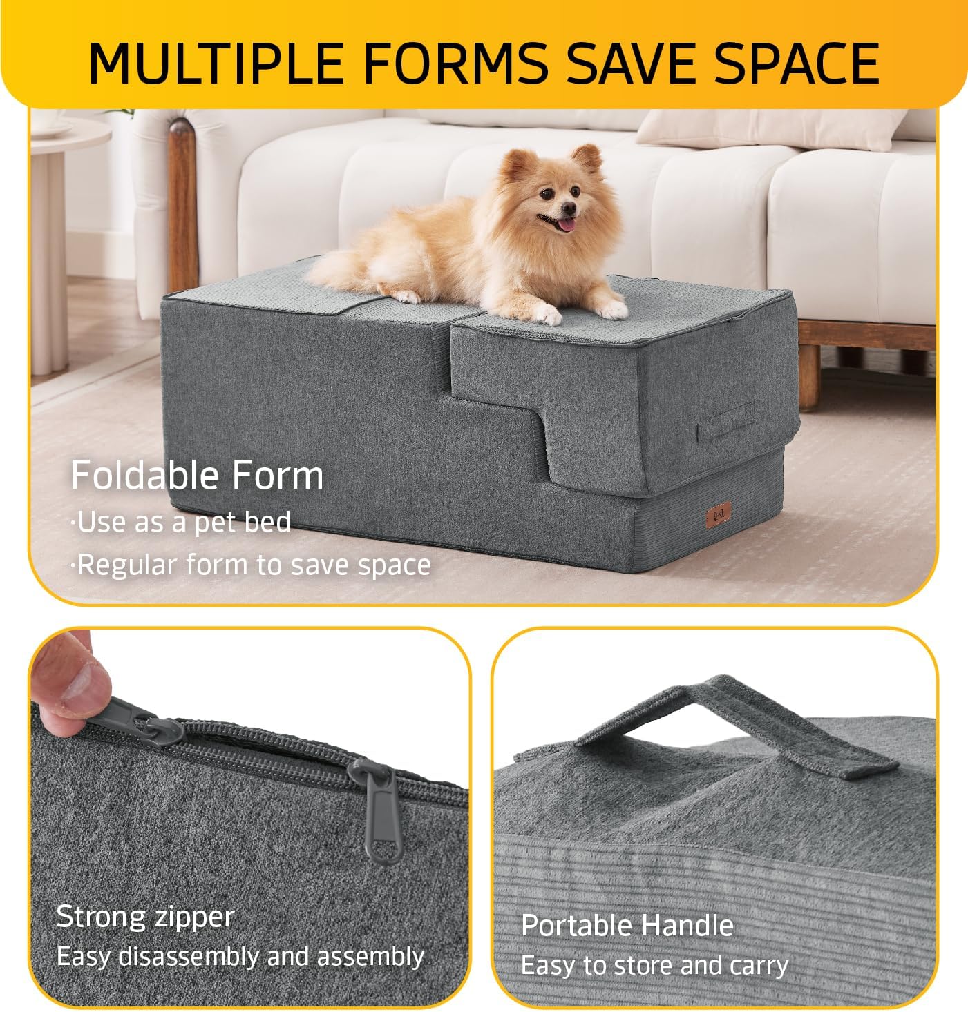 Dog Stairs for Bed, Dog Steps for Bed Couch Sofa, 35D Foam Pet Steps for Small Dogs and Cats, Extra Wide Pet Stairs with Non-Slip Bottom Grey, 3 Steps
