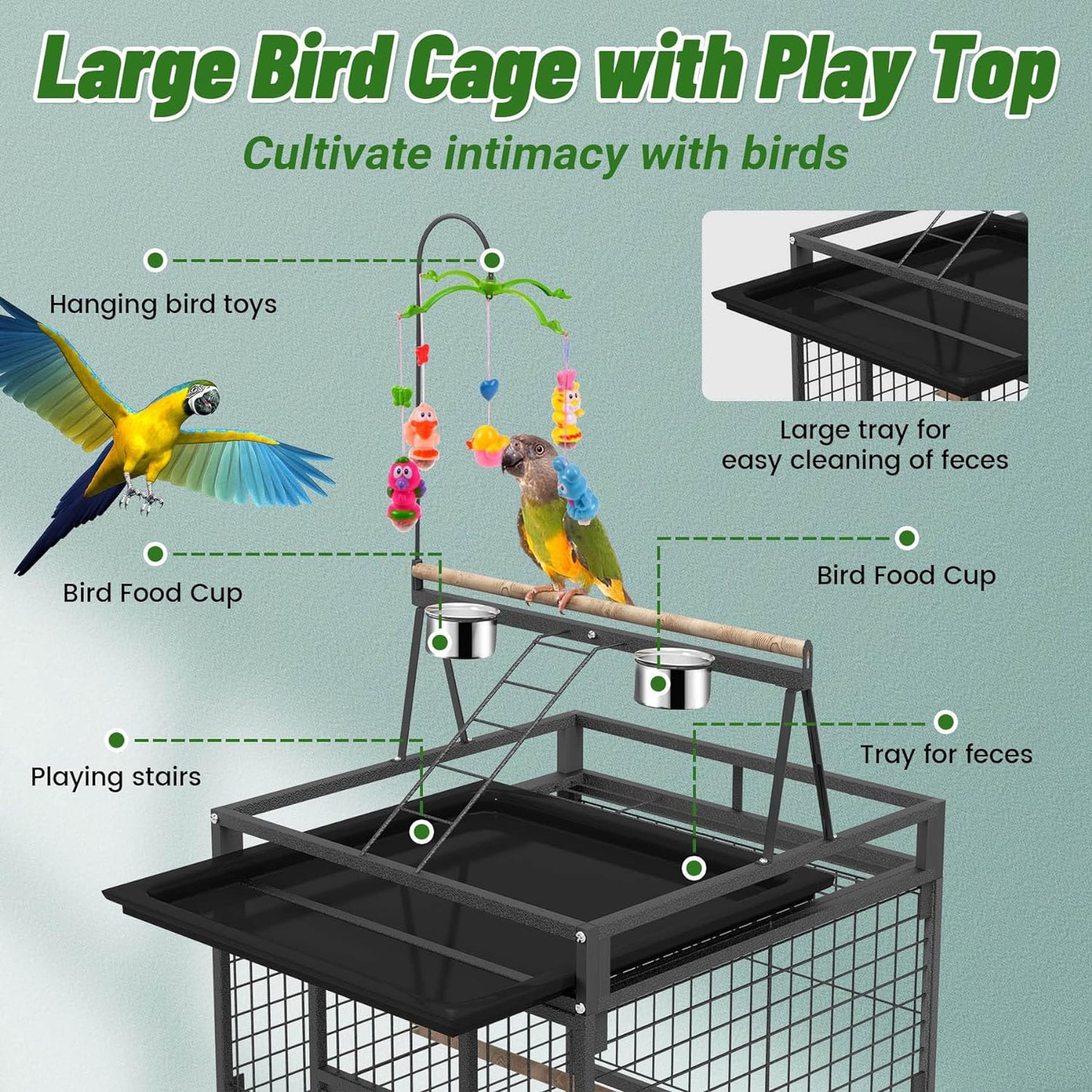 82 Inch Bird Cage, BOINN Bird Flight Cages with Rolling Stand & Bottom Tray, Wrought Iron Parrot Cage with PlayTop for Parakeet, Lovebirds, Ringneck, Cockatiels
