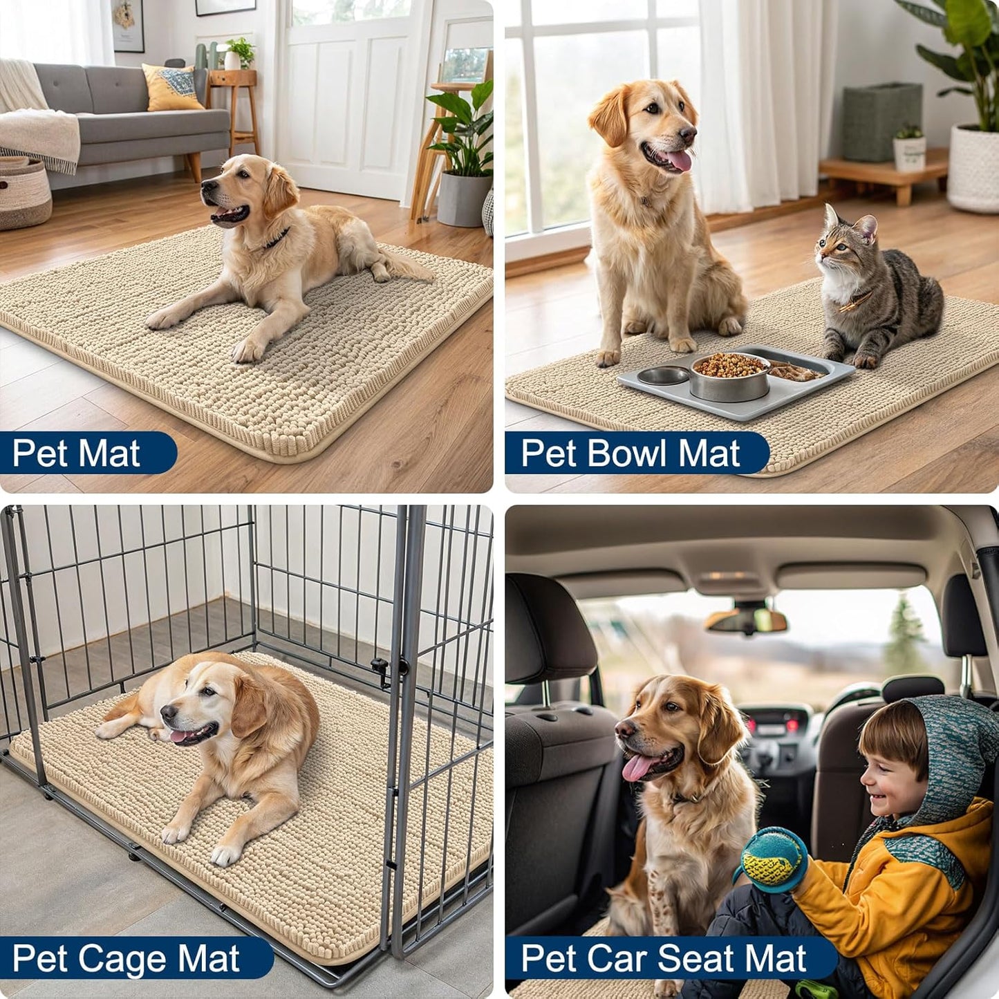 Smiry Dog Door Mat for Muddy Paws 47x17, Absorbs Moisture and Dirt Doormat, Non-Slip Washable Quick Dry Chenille Front Door Mat Indoor Entrance, Entryway Carpet for Inside Floor, Beige