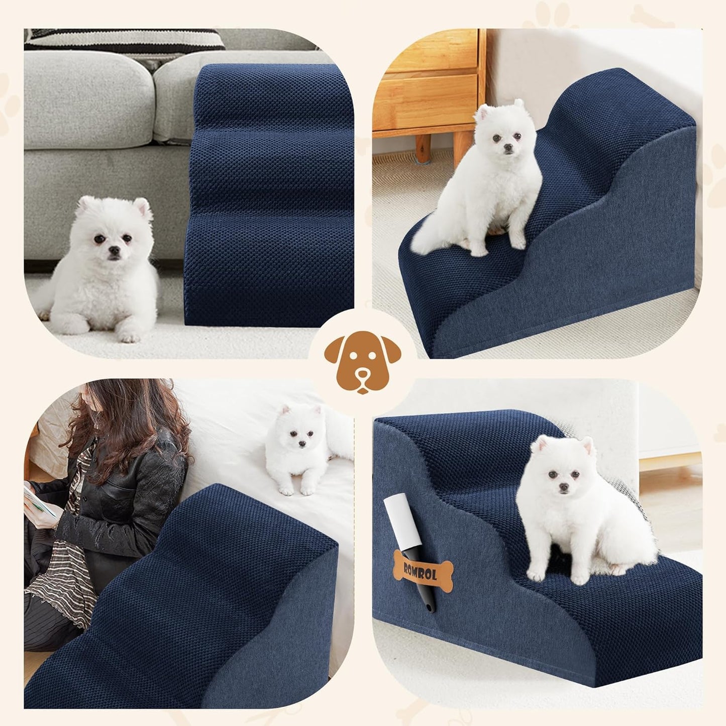 Romrol Dog Stairs Ramp for Beds Couches, Extra Wide Pet Steps with Durable Non-Slip Waterproof Fabric Cover, Dog Slope Stairs for Small Dogs and Cats or Pets Friendly, 3-Tiers, 13 Inch,Navy