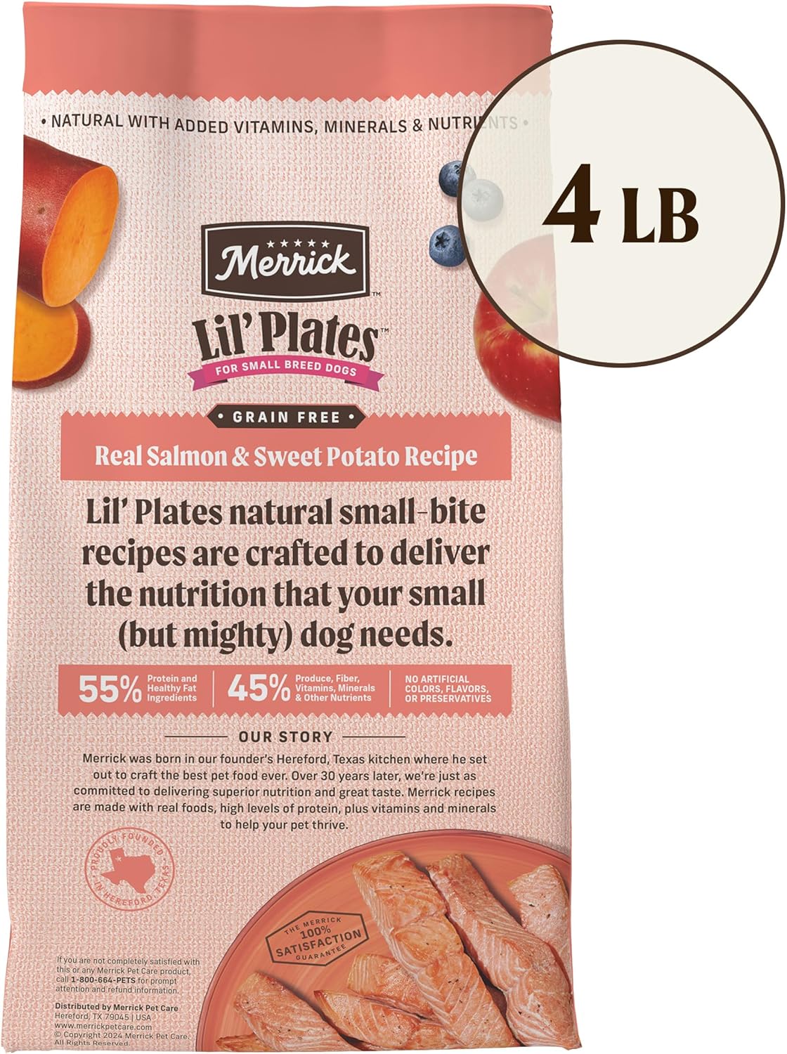 Merrick Lil’ Plates Premium Grain Free Dry Dog Food for Small Dogs, Real Salmon and Sweet Potato Kibble - 4.0 lb. Bag