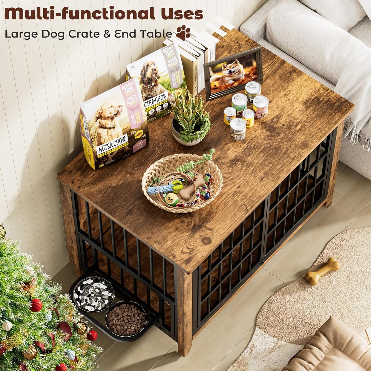 Lulive Wooden Dog Crate Furniture, Large Dog Kennel Indoor with 360°& Adjustable Raised Dog Bowls, Double Doors Furniture Dog Crates End Table for Large/Medium Dogs 37.8" L*23.6" W*27" H, Brown