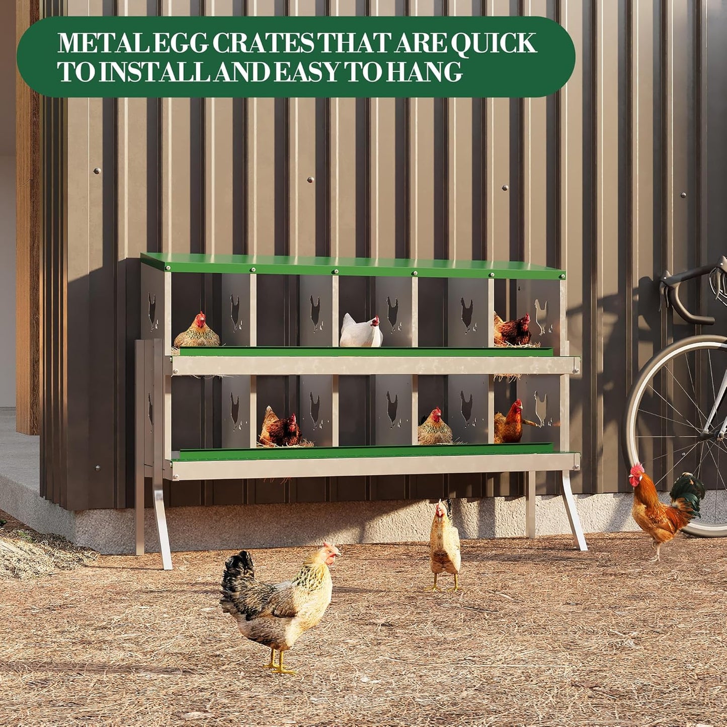 10 Hole Chicken Nesting Box with Roll Out Egg Tray, Rustproof & Ventilated Chicken Laying Boxes for Hens, Chickens, Ducks | Easy-Clean Poultry Coop Accessories, Green with Stand