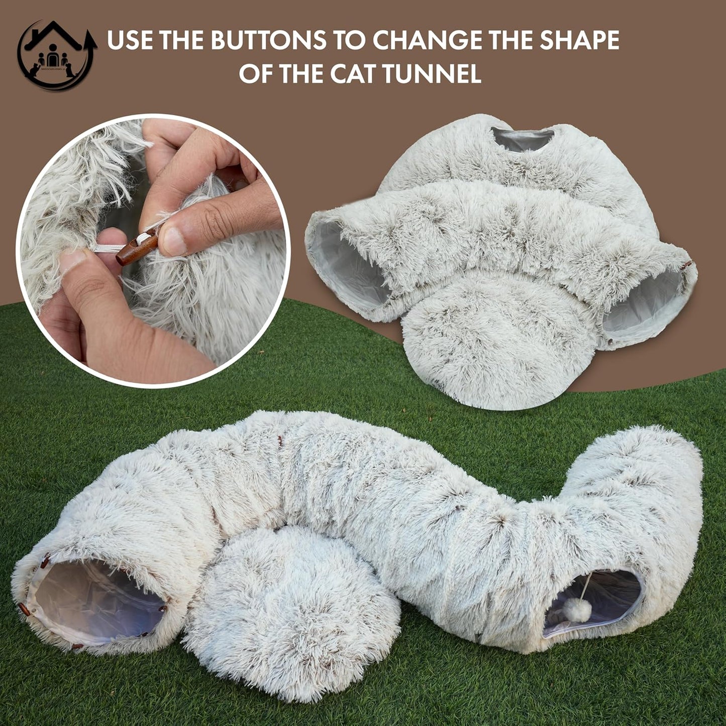 Large Cat Tunnel Bed for Indoor Cats Warm Fluffy Plush Cat Cave Tunnel Bed Collapsible, Washable, 3 Way and Multifunctional with Dangling Balls for Cats, Kittens and Rabbits- Brown