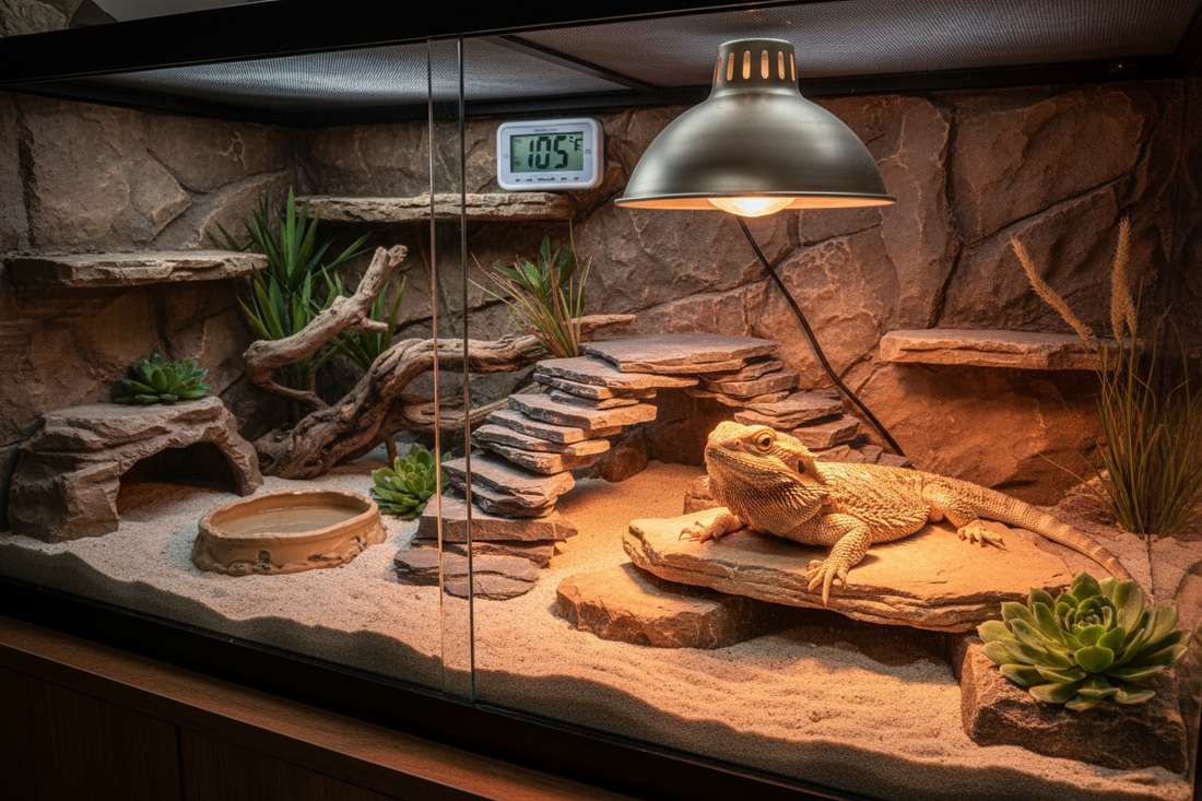 Bearded dragon basking under heat lamp in properly heated terrarium with temperature gradient