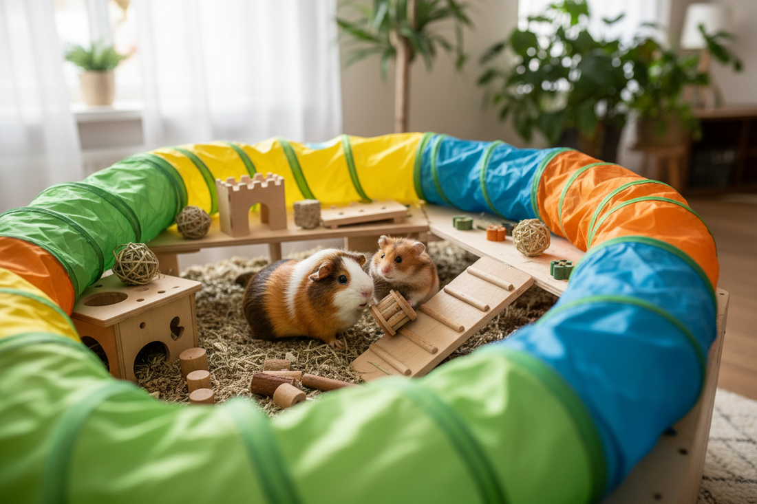 Happy guinea pig and hamster playing with colorful enrichment toys and tunnels