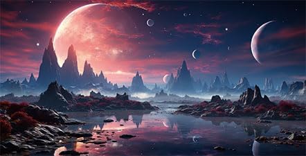 24X16IN Cosmic Spaceterrarium Background, Cool Parallel Space Themed Aquarium Reptile Habitat Background, Red Moon Aquarium Background with 10EVA Double-Sided Tape