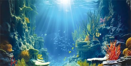 30X12IN Blue Sea Floor Aquarium Background, Natural Underwater World 3D Effect Fish Tank Decorations Background, Art Terrarium Background with 8 EVA Double-Sided Tape
