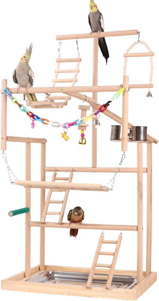 Pet Parrot Playstand Parrots Bird Playground Bird Play Stand Wood Perch Gym Playpen Ladder with Feeder Cups Bells Swing for Cockatiel Parakeet Random Color