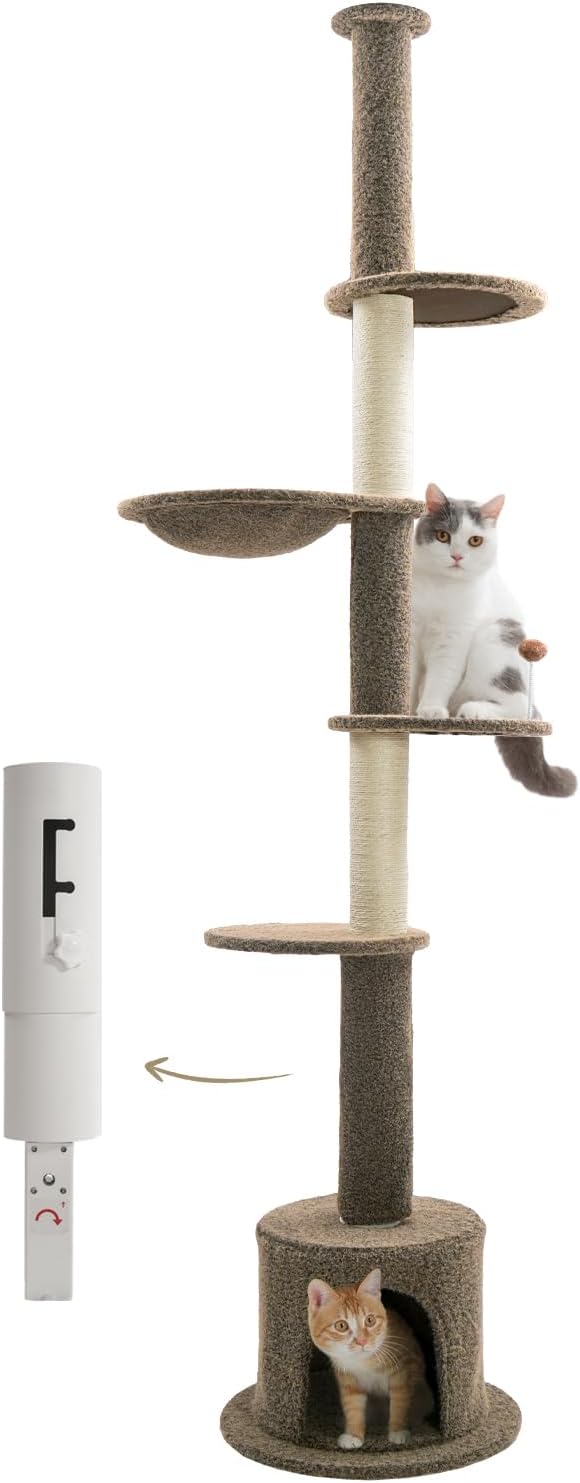 Made4Pets Floor to Ceiling Cat Tree 93-106'',Tall Cat Tower 5 Tiers, Adjustable Height, Stable Cat Tree Tower with Scratching Posts, Fluffy Condo, Hammock and Ball Toy for Indoor Cats/Kitten, Brown