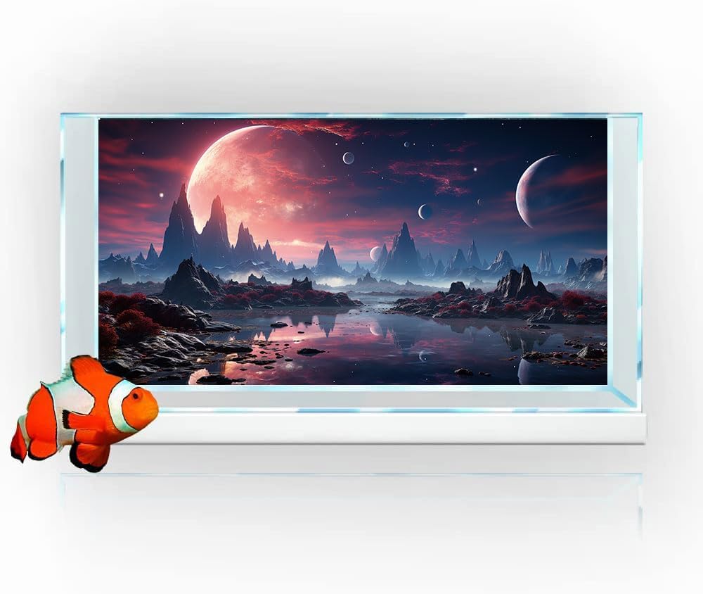 36X24IN Cosmic Spaceterrarium Background, Cool Parallel Space Themed Aquarium Reptile Habitat Background, Red Moon Aquarium Background with 10EVA Double-Sided Tape