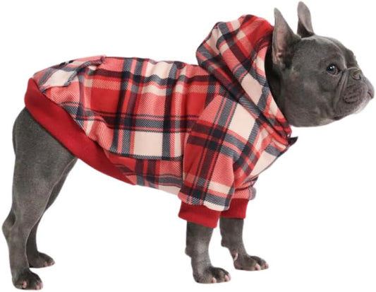 Spark Paws Dog Hoodie – Premium Dog Sweater for Small, Medium, and Large Dogs | Warm Outfits for French Bulldogs, Pitbull, Puppy, Winter Jacket Alternative - Red Plaid, L