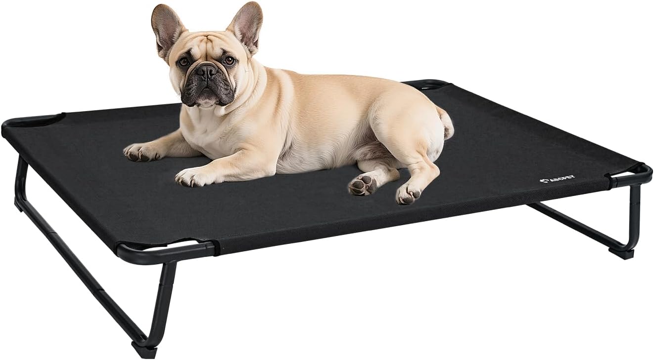 Cooling Elevated Dog Bed, Raised Outdoor Dog Bed Waterproof Pet Beds Cots Stable and Easy Assembly, Teslin Fabric with 1.2mm Thick Iron Frame, Breathable, Ultra-Sturdy，Black,32 * 25.2 * 7.1