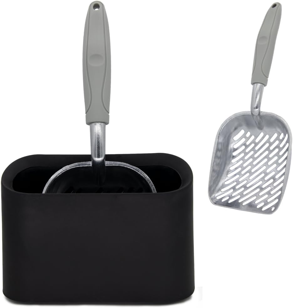 Metal Cat Litter Scoop with Holder, Aluminum Cats Litter Scooper Captures All Clumps, Heavy Duty Metal Kitty Scoopers with Holder, Cat Metal Scoop and Holder (Black)