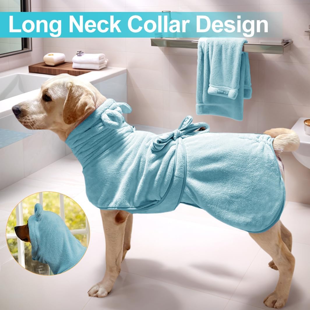 Medium to Large Size Dog Bathrobe, Quick Drying Super Absorbent Used for After Bathing, Warm Dog Towels, Adjustable Hoodies and Belts for Pet Dogs Bath Clothes Products (Blue, 2XL)
