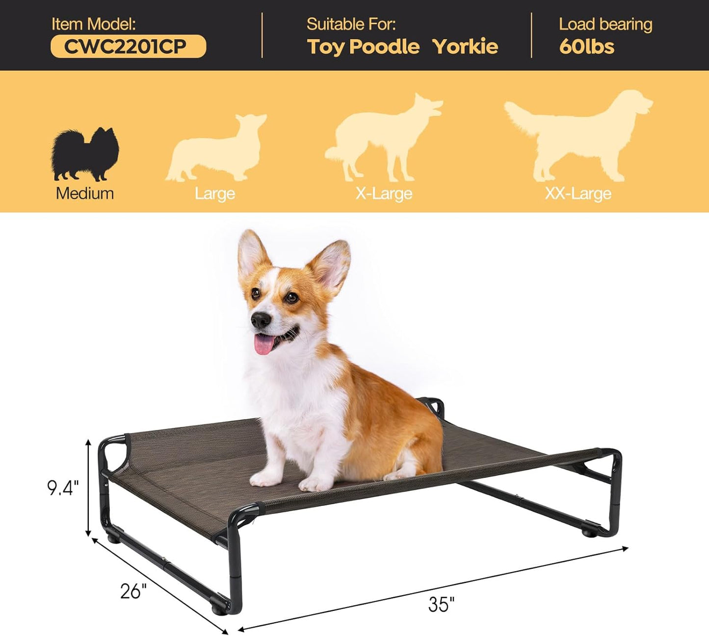 Veehoo Original Outdoor Elevated Dog Bed, Cooling Raised Dog Cot for Medium Dogs, Portable Standing Pet Hammock Platform with Washable Breathable Mesh, No-Slip Feet, Medium, Brown, CWC2201