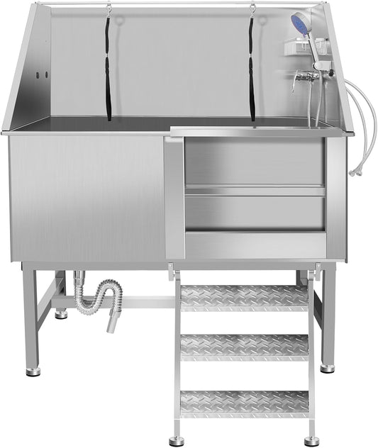 50" Dog Bathing Station, Professional Dog Washing Station Stainless Steel Dog Grooming Tub for Home,Equipped with Three Anti-Slip Steps, Removable Door, Pet Wash Station for Pet (50" Right ramp)