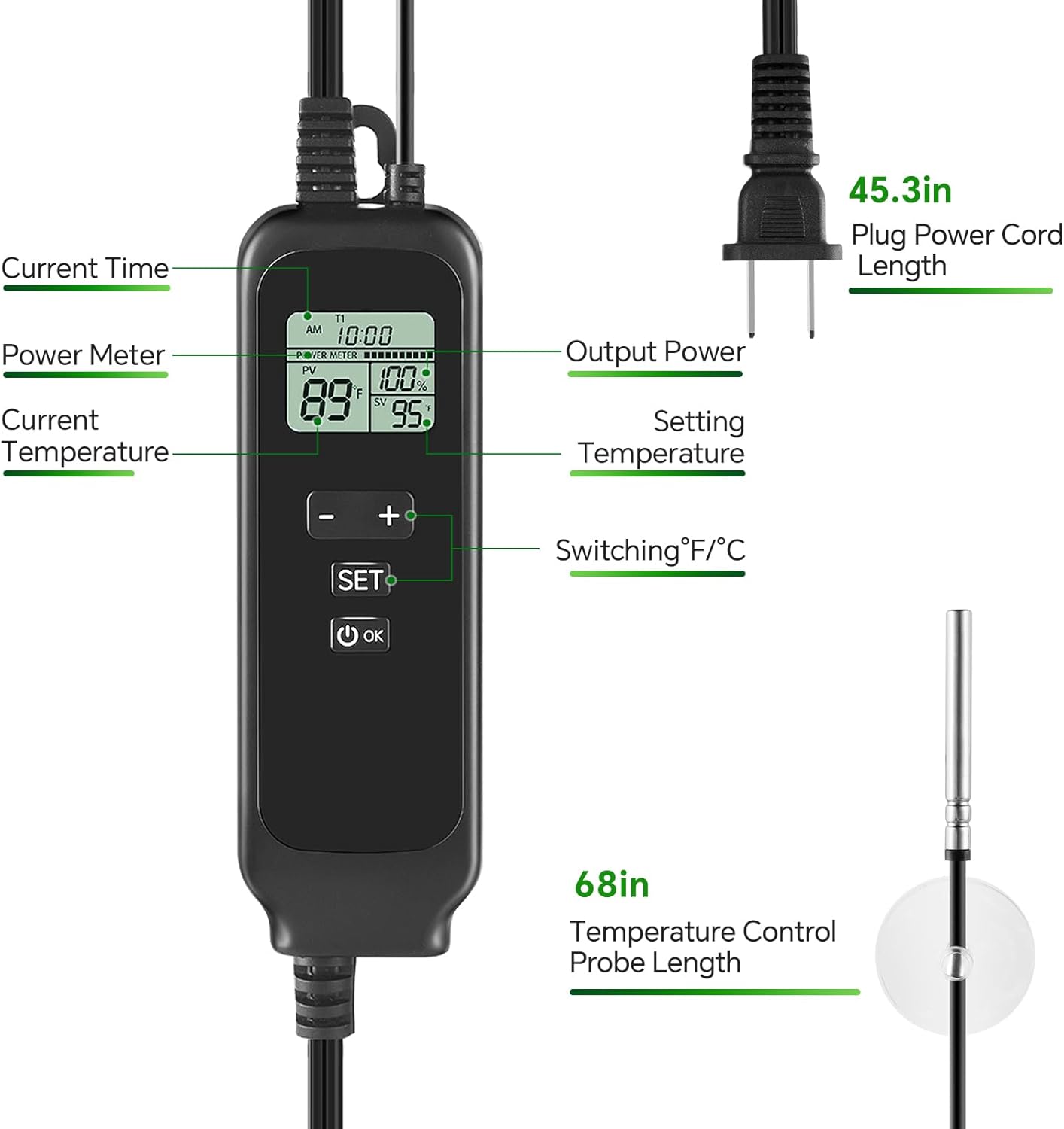 5.5 inch Reptile Heat Lamp Fixture with Thermostat and Timer,Reptile Light Fixture with Dimming Thermostat Max 100W,PID Temperature Controller for UVB Lights,Basking Heat bulbs and Terrariums