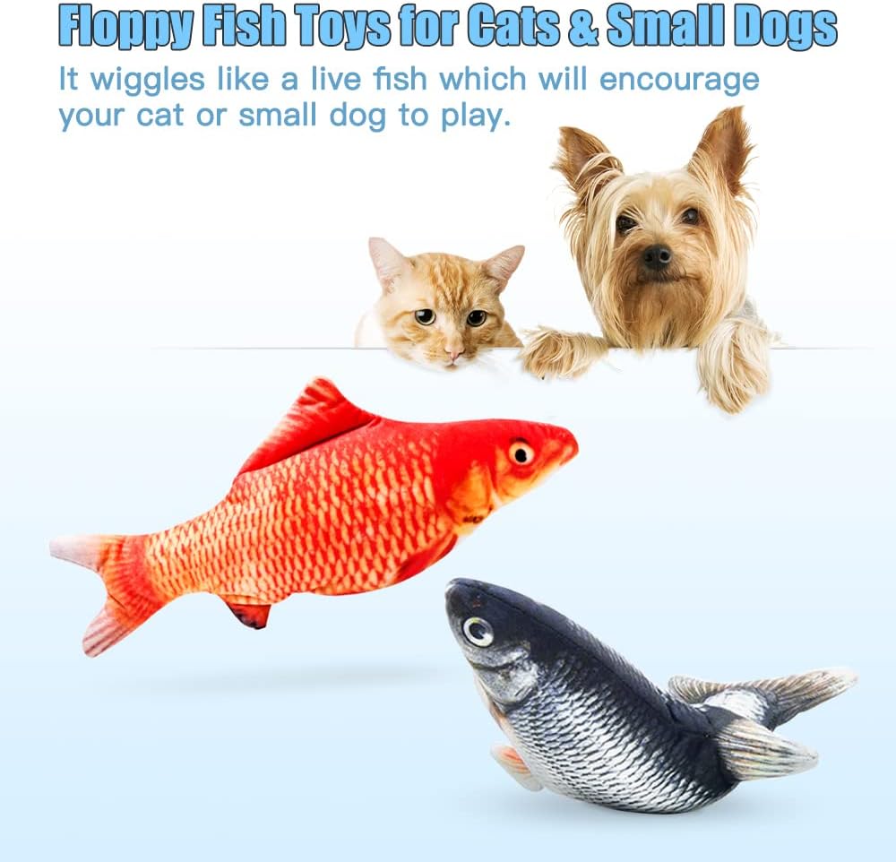 TOOGE 2 Pack 9" Floppy Fish Cat Toys with SilverVine and Catnip for Indoor Cats for Small Dogs Interactive Automatic Flopping Kicker Toys for Cats Puppy (Red Carp + Carp)