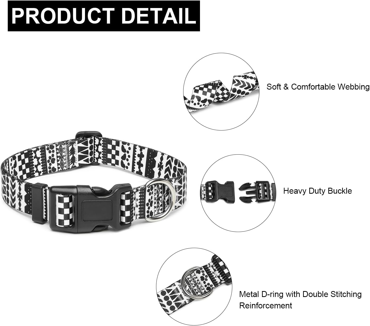 Mercano Adjustable Dog Collar - Special Design Patterns, Soft Nylon Comfortable Durable Pet Collar for Small Medium Large Dogs (M, Black White A)
